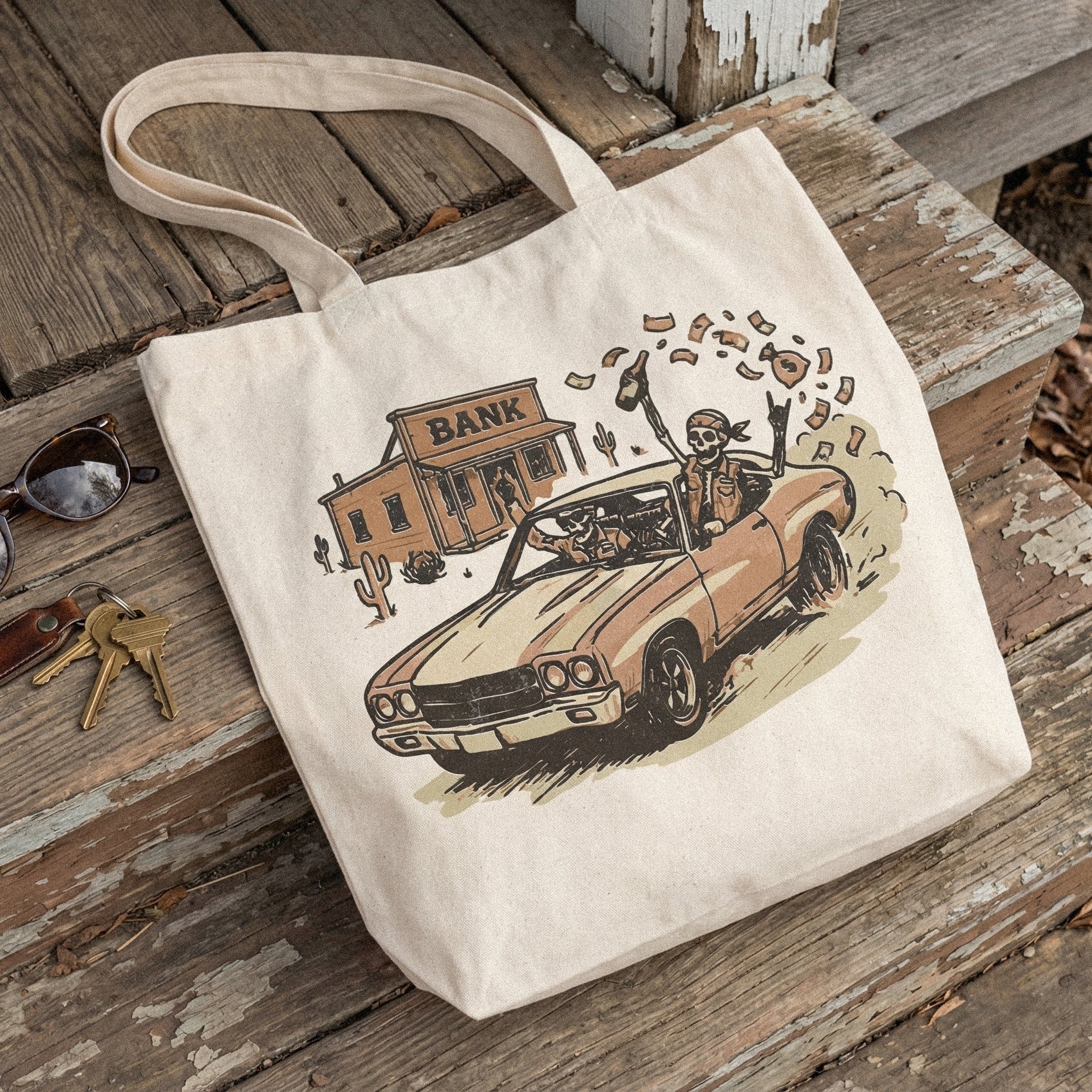 Bank Robbery PNG, Outlaw Skeletons Getaway Car Scene - 300 DPI Design for