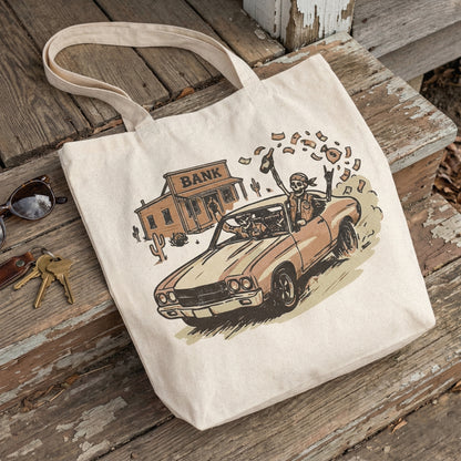 Bank Robbery PNG, Outlaw Skeletons Getaway Car Scene - 300 DPI Design for