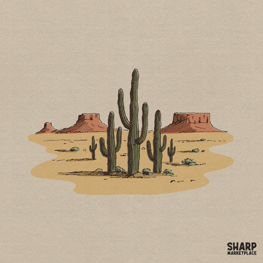 Retro desert landscape PNG with saguaro cacti and mesas for western graphic tees and trendy wild west sublimation designs