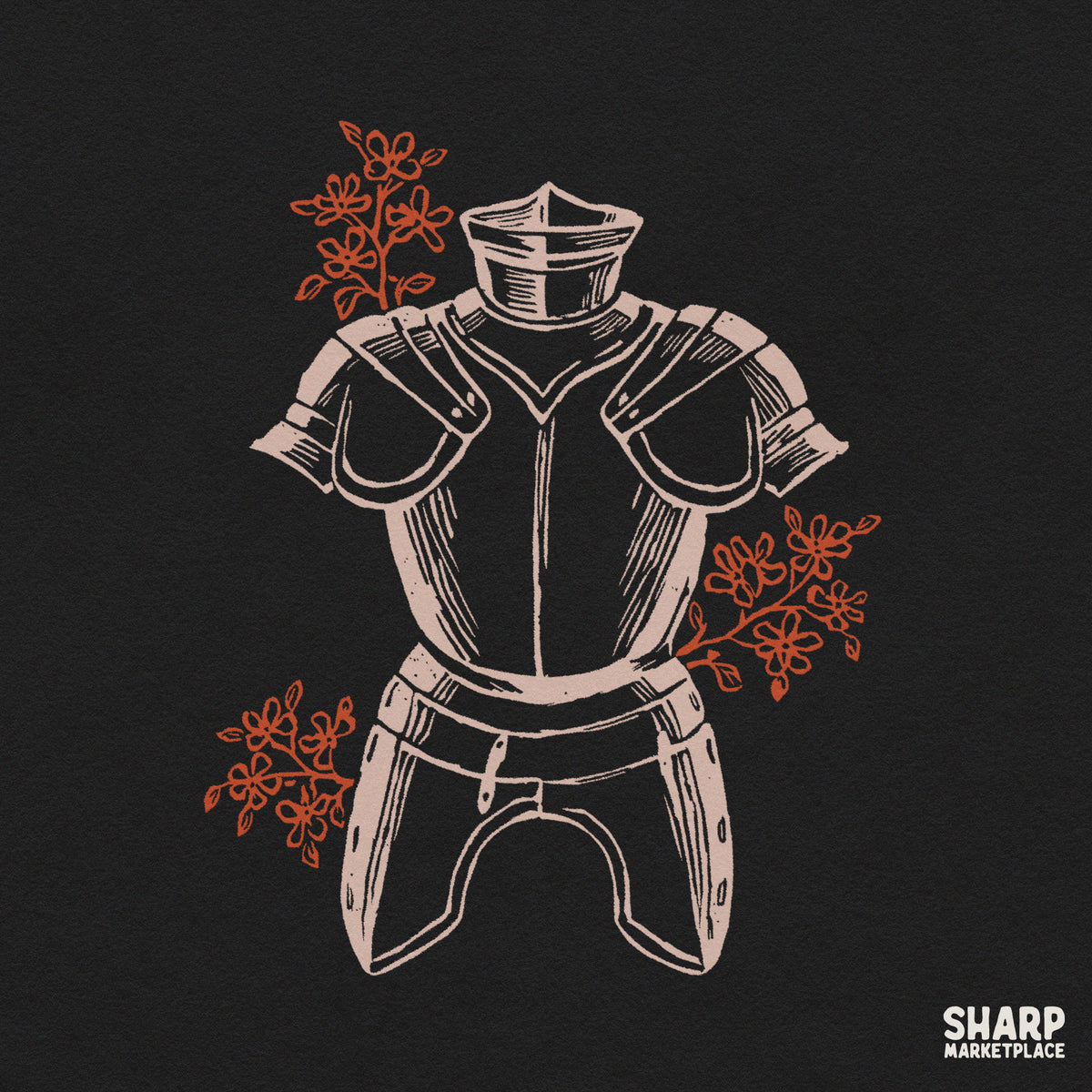 Gothic knight helmet and plate armor with rust flowers dark fantasy sublimation PNG design for shirt print