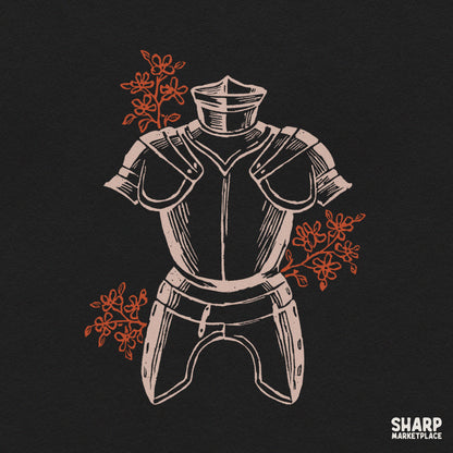 Gothic knight helmet and plate armor with rust flowers dark fantasy sublimation PNG design for shirt print