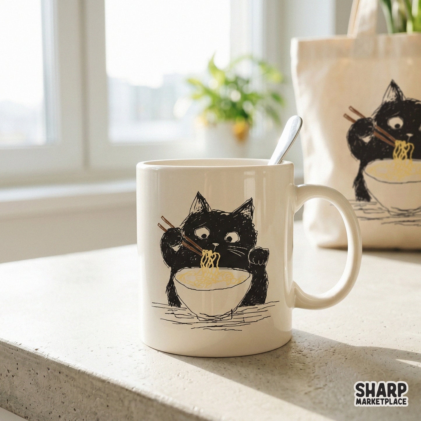 Ceramic coffee mug featuring a cute black cat eating ramen noodles with chopsticks, ideal for custom kitchenware and fun foodie gift designs.