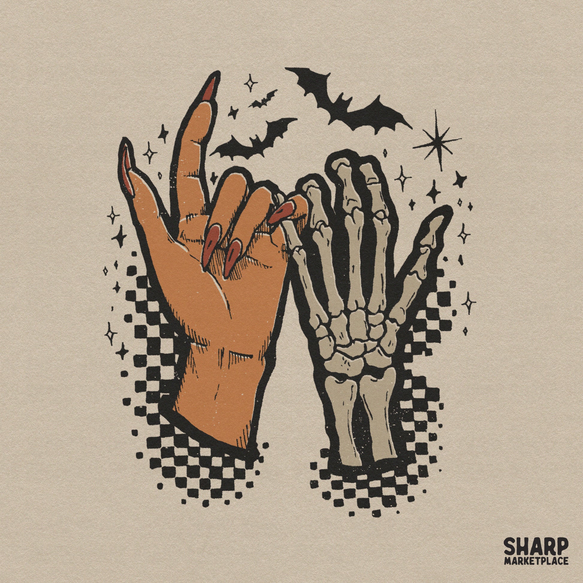 Gothic pinky promise skeleton and human hand illustration PNG for spooky bestie Halloween shirts and trendy wall art