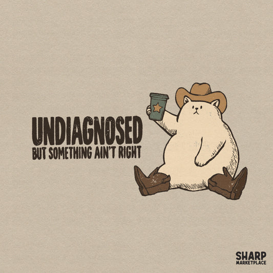 Undiagnosed but something ain't right funny cowboy cat with coffee sarcastic PNG design for print-on-demand t-shirts