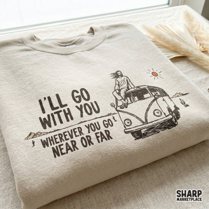 Sublimation design featuring a hand-drawn camper van and inspirational text in earth tones, perfect for custom t-shirts, mugs, and travel decor.