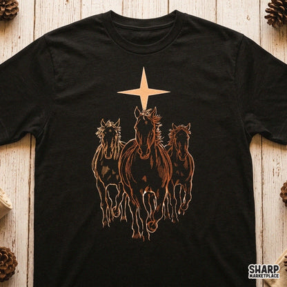 Three galloping stallions beneath a bright star western ranch PNG design for country shirts and apparel sublimation