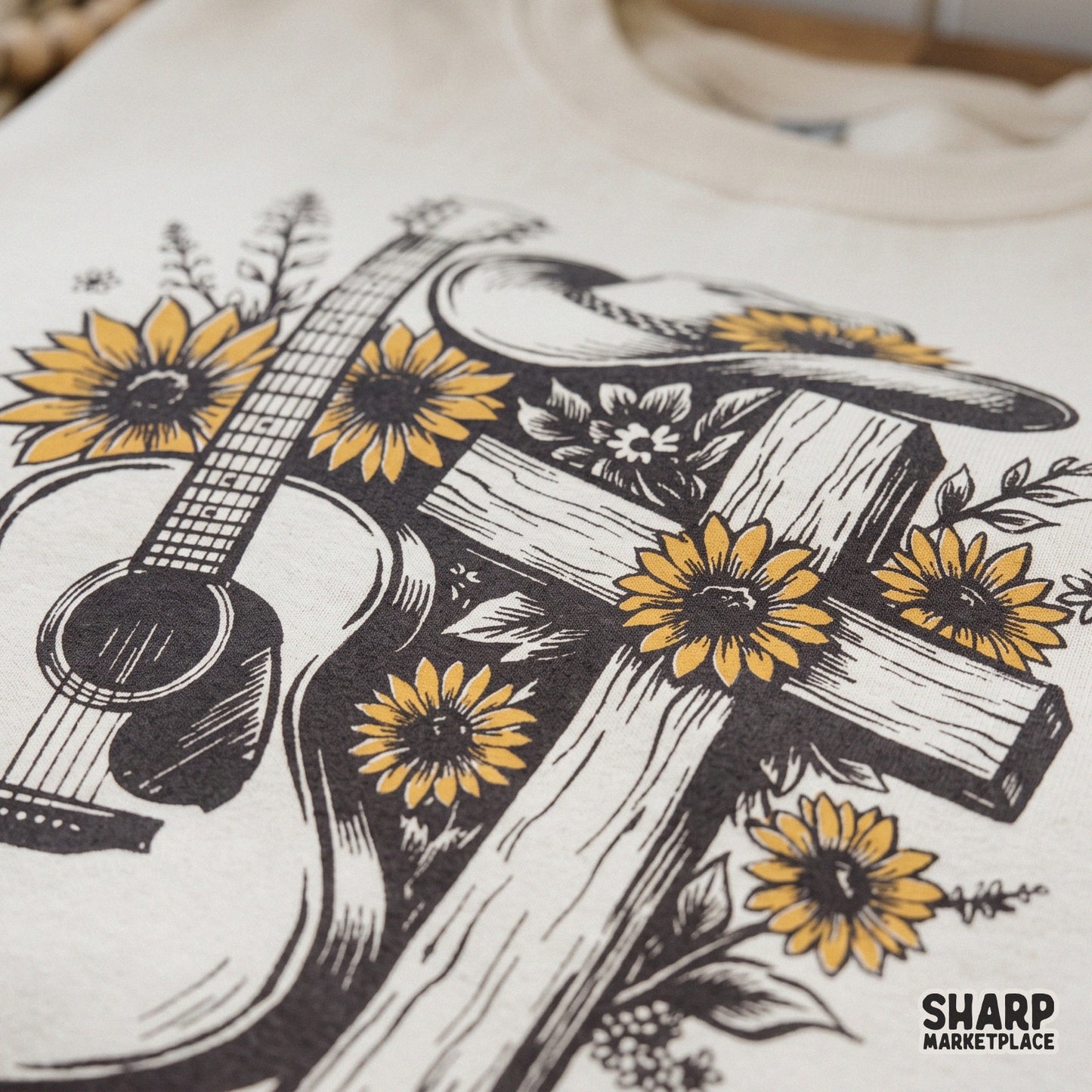 Hand drawn acoustic guitar with a wooden cross and cowboy hat country western png shirt design