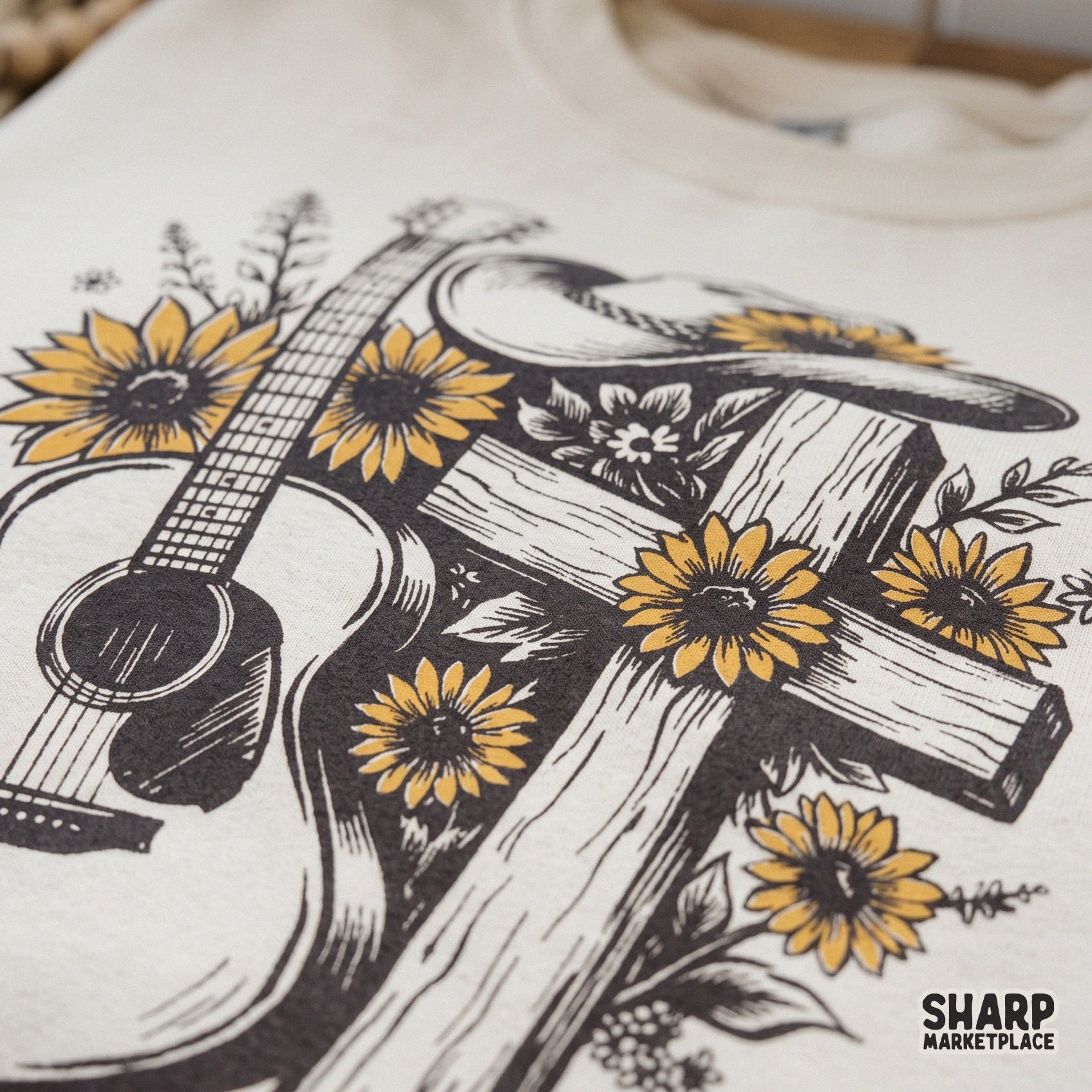 Hand drawn acoustic guitar with a wooden cross and cowboy hat country western png shirt design