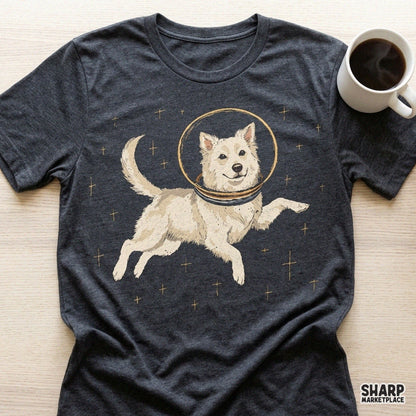 Cute white husky astronaut floating in space surrounded by retro stars png design for dog mom sublimation