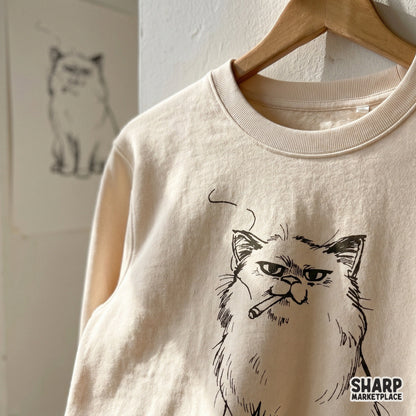 Funny sarcastic fluffy boss cat smoking a cigarette retro vintage graphic design for sublimation shirts