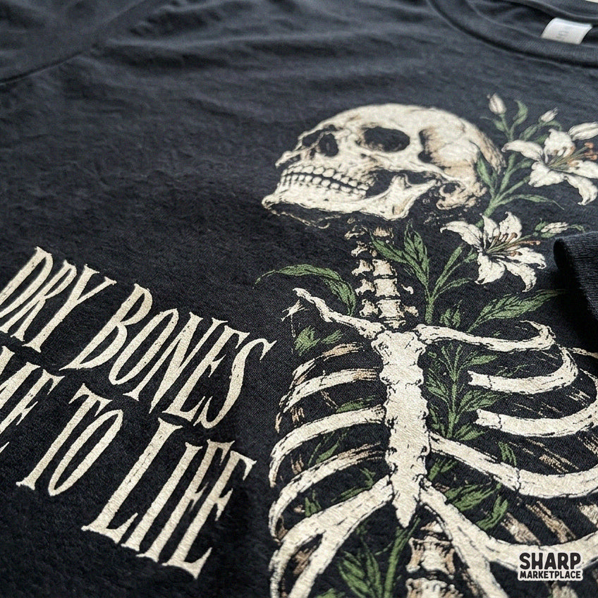 Floral skeleton Ezekiel 37 dry bones come to life Christian bible verse PNG graphic tee design for faith apparel