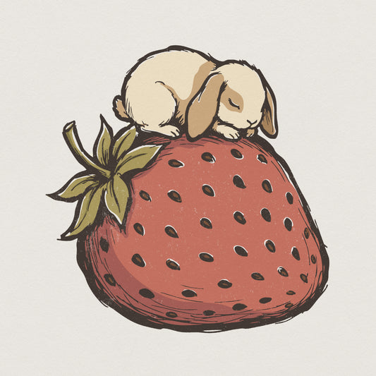Hand-drawn illustration of a cute tan lop-eared bunny sleeping on a large red strawberry, perfect for sublimation, stickers, and apparel designs.