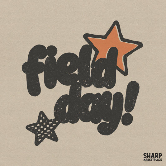 Retro school event graphic featuring the words Field Day in distressed charcoal bubble letters with a solid orange star and a patterned star accent.