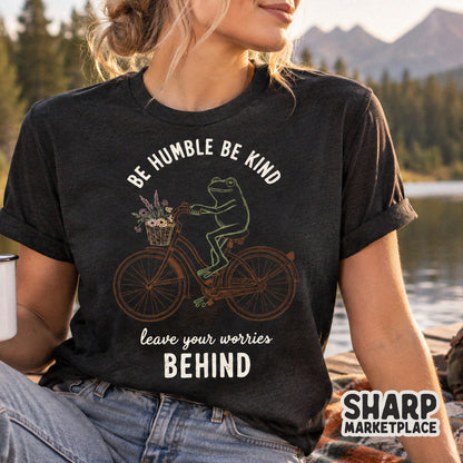 Cute cottagecore frog on a bicycle with positive quote retro PNG design for shirts