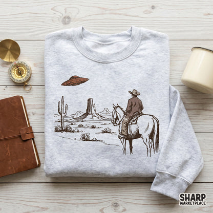Detailed hand-drawn western illustration of a rider and horse observing an alien spacecraft, perfect for sublimation, stickers, or custom wall art.
