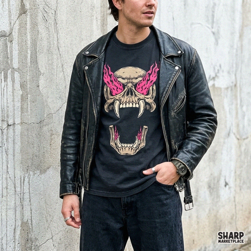 Vampiric monster with blazing pink fire eyes gothic streetwear skull PNG design for Halloween t-shirts