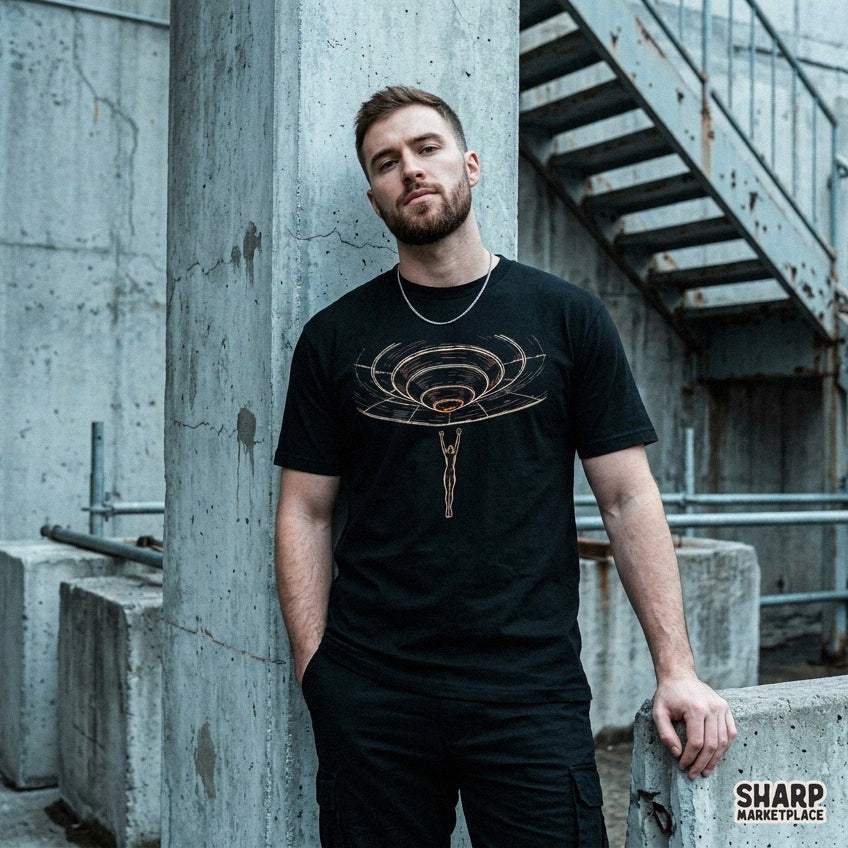 Sci-fi flying saucer beaming up a human figure vintage Halloween PNG design for t-shirt sublimation and spooky season transfers