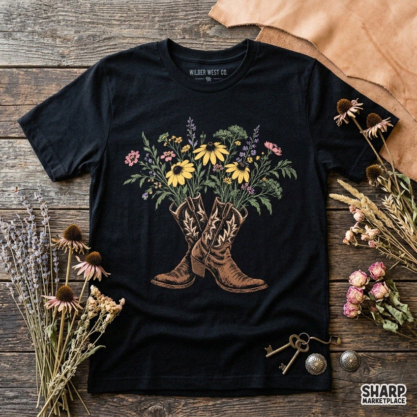 Crossed brown leather boots with wildflower bouquet western cowgirl PNG design for shirt sublimation and t-shirts