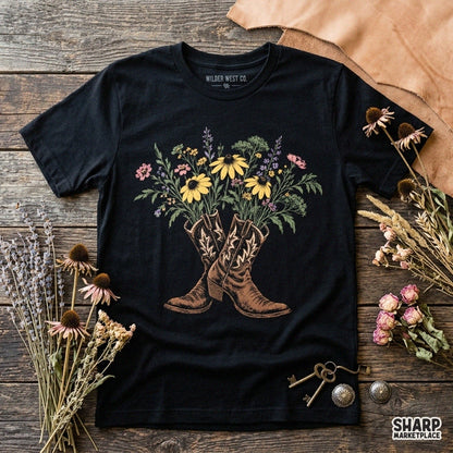 Crossed brown leather boots with wildflower bouquet western cowgirl PNG design for shirt sublimation and t-shirts