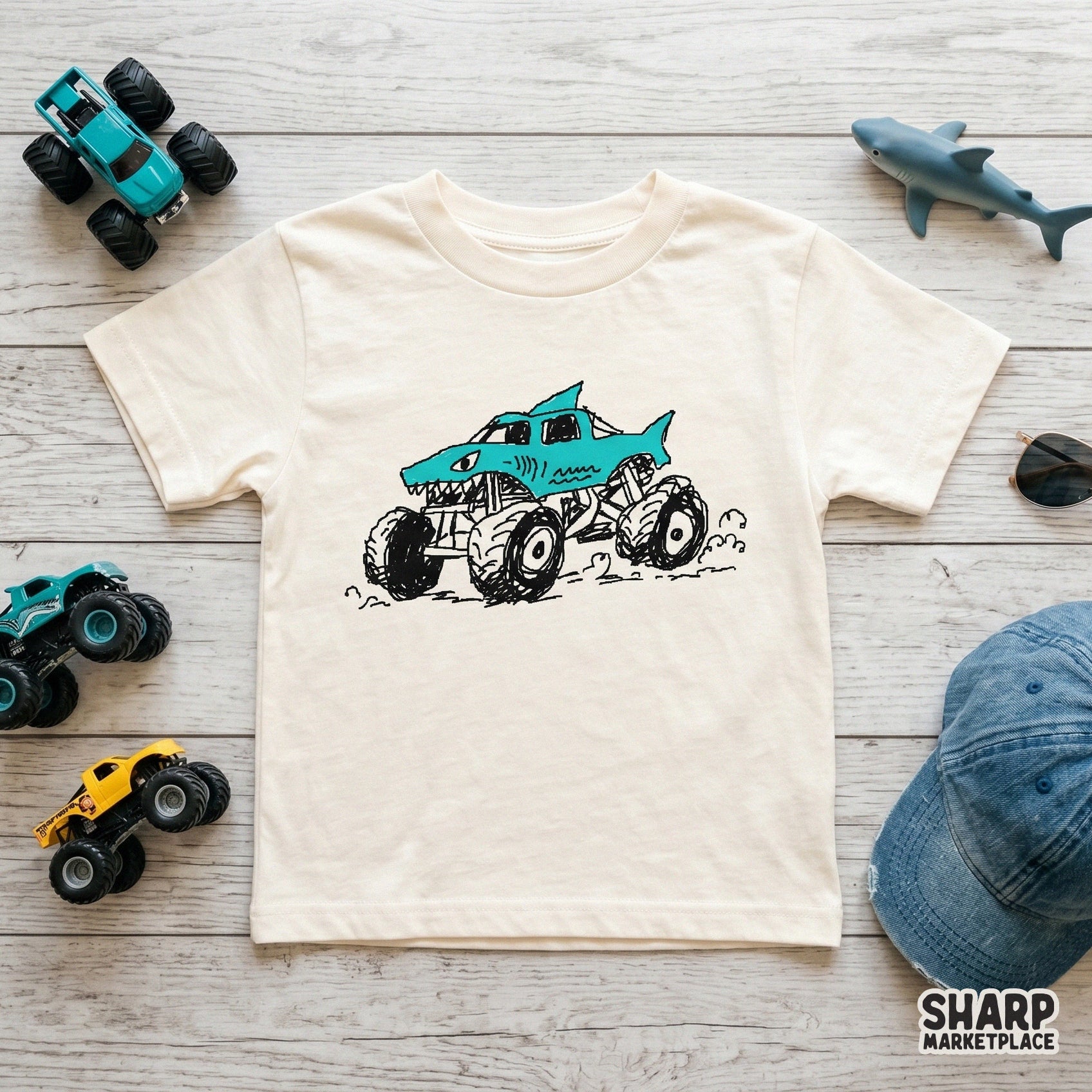 Doodle-style shark vehicle graphic with a dorsal fin and big wheels, ideal for creating custom stickers, posters, or fun boys t-shirt designs.