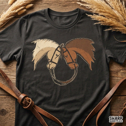 Two majestic horses resting heads together in a classic western equine art graphic for t-shirts and sublimation