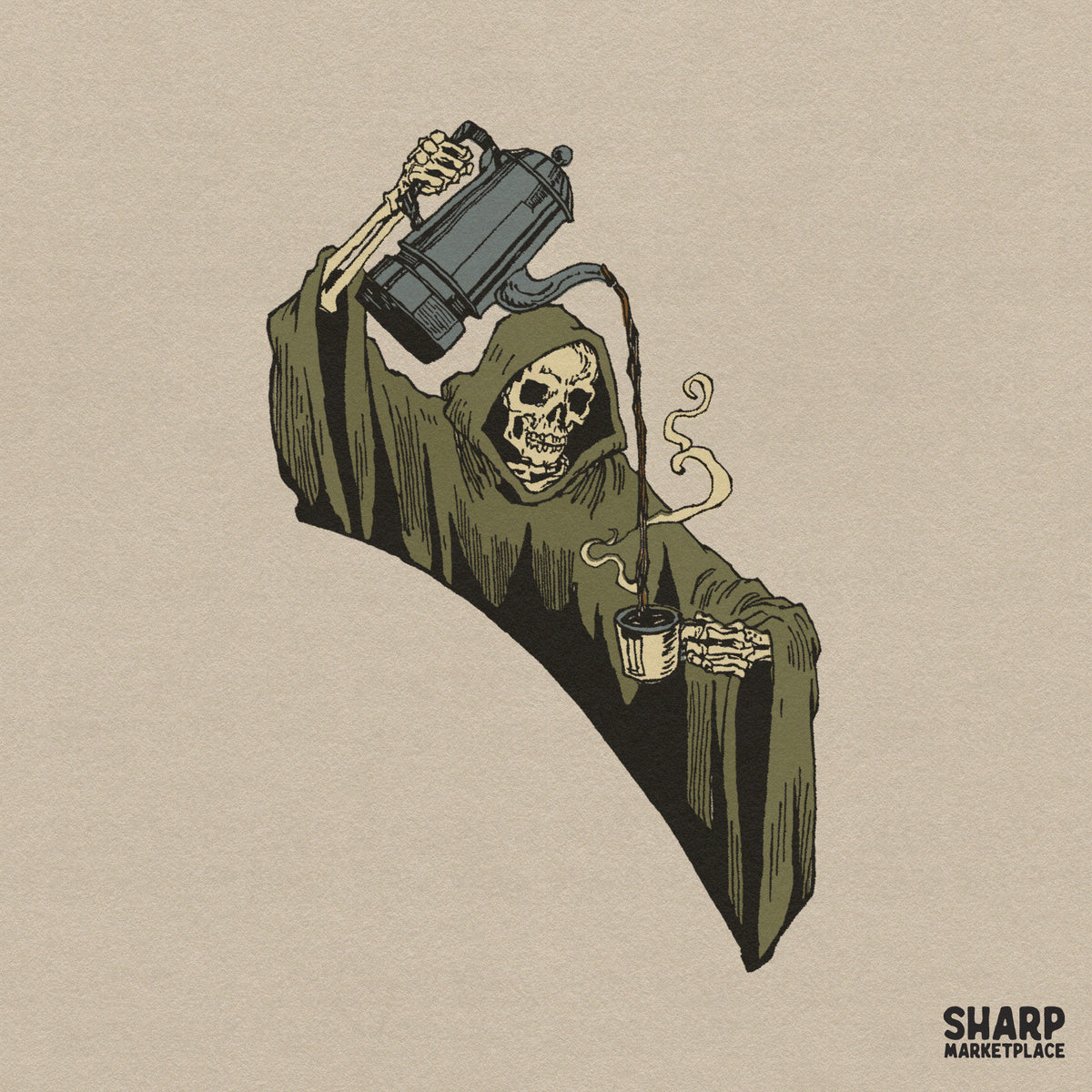 Grim reaper skeleton pouring French press coffee retro Halloween PNG graphic for spooky season t-shirts and apparel