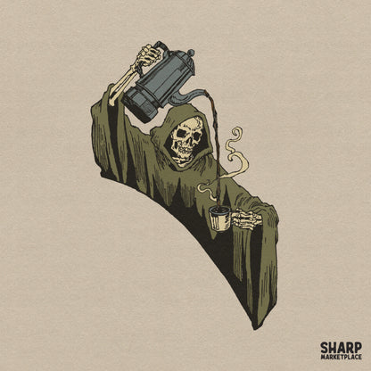 Grim reaper skeleton pouring French press coffee retro Halloween PNG graphic for spooky season t-shirts and apparel