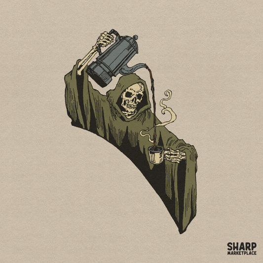 Grim reaper skeleton pouring French press coffee retro Halloween PNG graphic for spooky season t-shirts and apparel