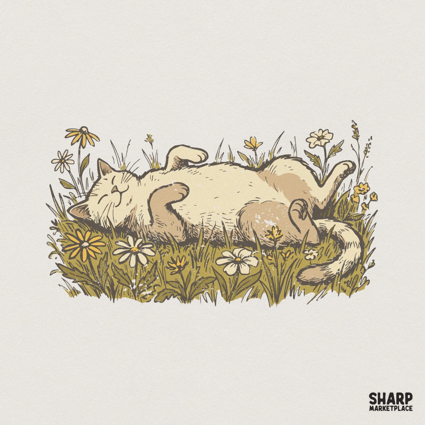 Lazy Cat in Wildflowers Relaxing PNG Digital Download, Cute Cat Lover Tee