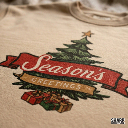 Retro Season's Greetings Christmas tree PNG design with holiday lights and star for t-shirt sublimation