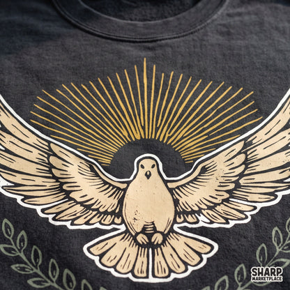 Flying dove with olive branch and sunburst halo vintage Christian PNG design for religious t-shirts and digital crafts