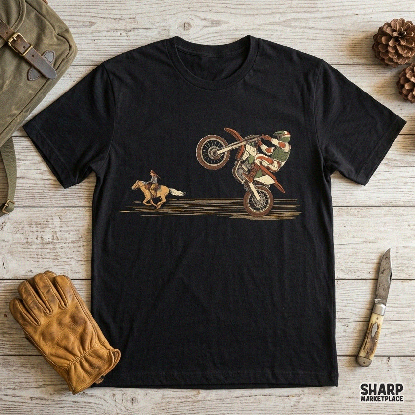 Retro motocross dirt bike rider racing a horseback cowboy graphic for western t-shirt sublimation and apparel