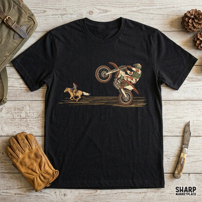 Retro motocross dirt bike rider racing a horseback cowboy graphic for western t-shirt sublimation and apparel