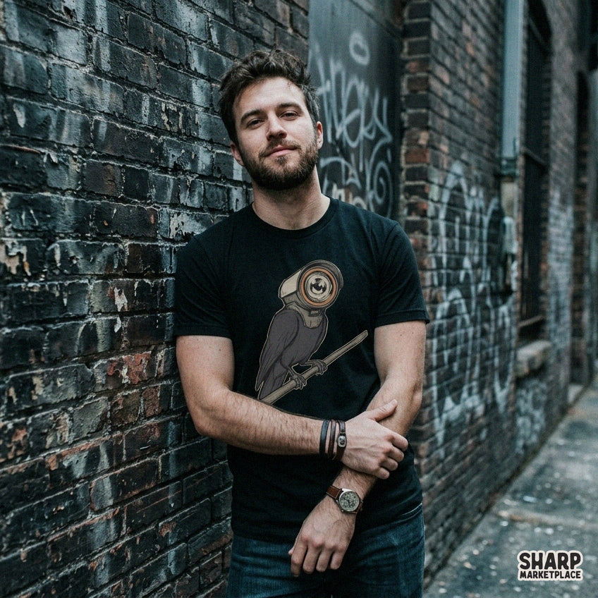 Black crow with a security camera head dystopian conspiracy graphic for sarcastic t-shirt designs