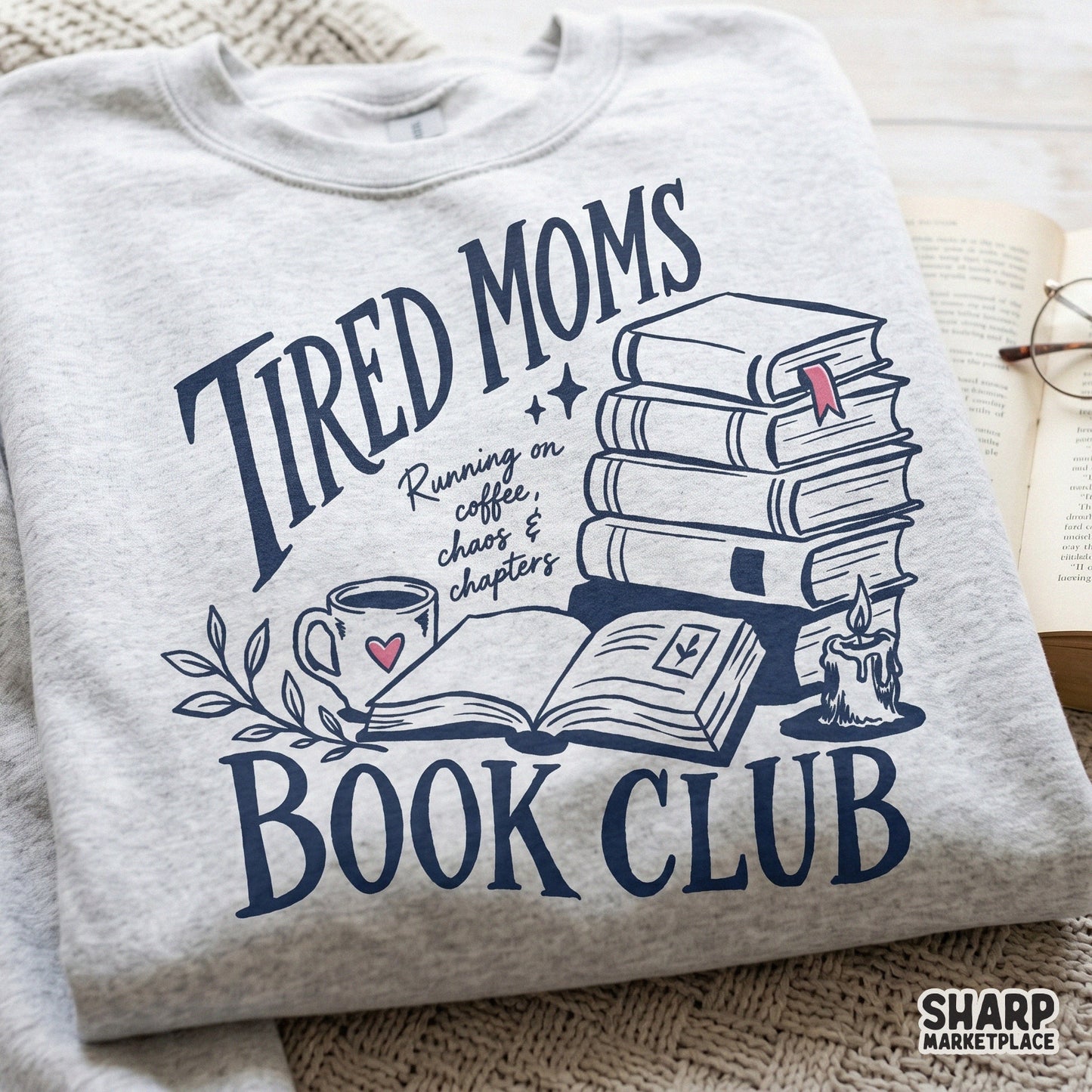 Cozy reading-themed digital graphic with retro typography and hand-drawn book stack, ideal for creating custom Mother's Day gifts or trendy mama shirts.