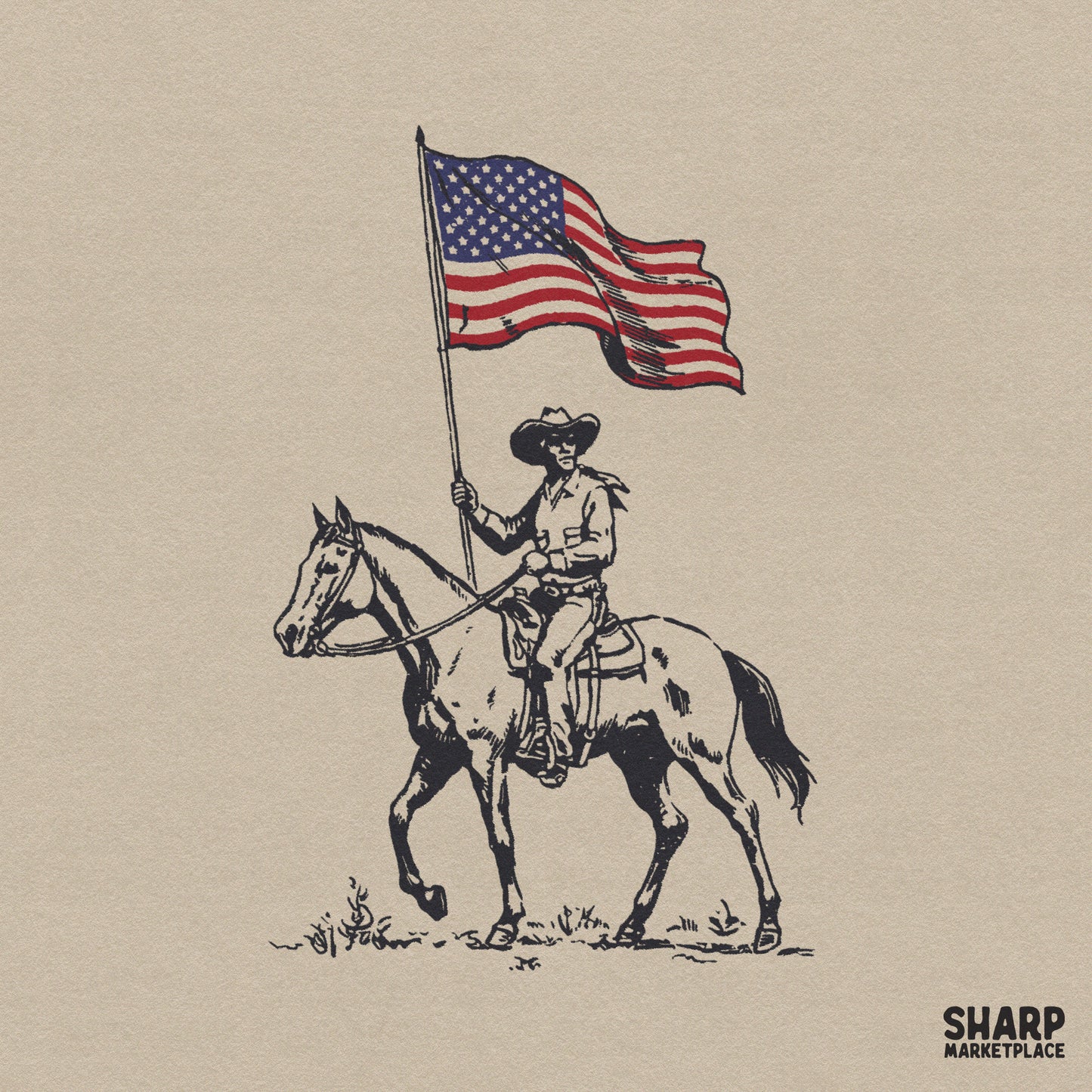 Vintage retro patriotic western cowboy on a horse holding an American flag png design for sublimation t-shirts