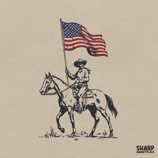 Vintage retro patriotic western cowboy on a horse holding an American flag png design for sublimation t-shirts