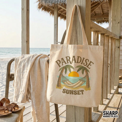 Coastal summer design with a hammock, palm trees, and sunset, suitable for DIY print-on-demand shirts, beach decor, and vacation gifts.