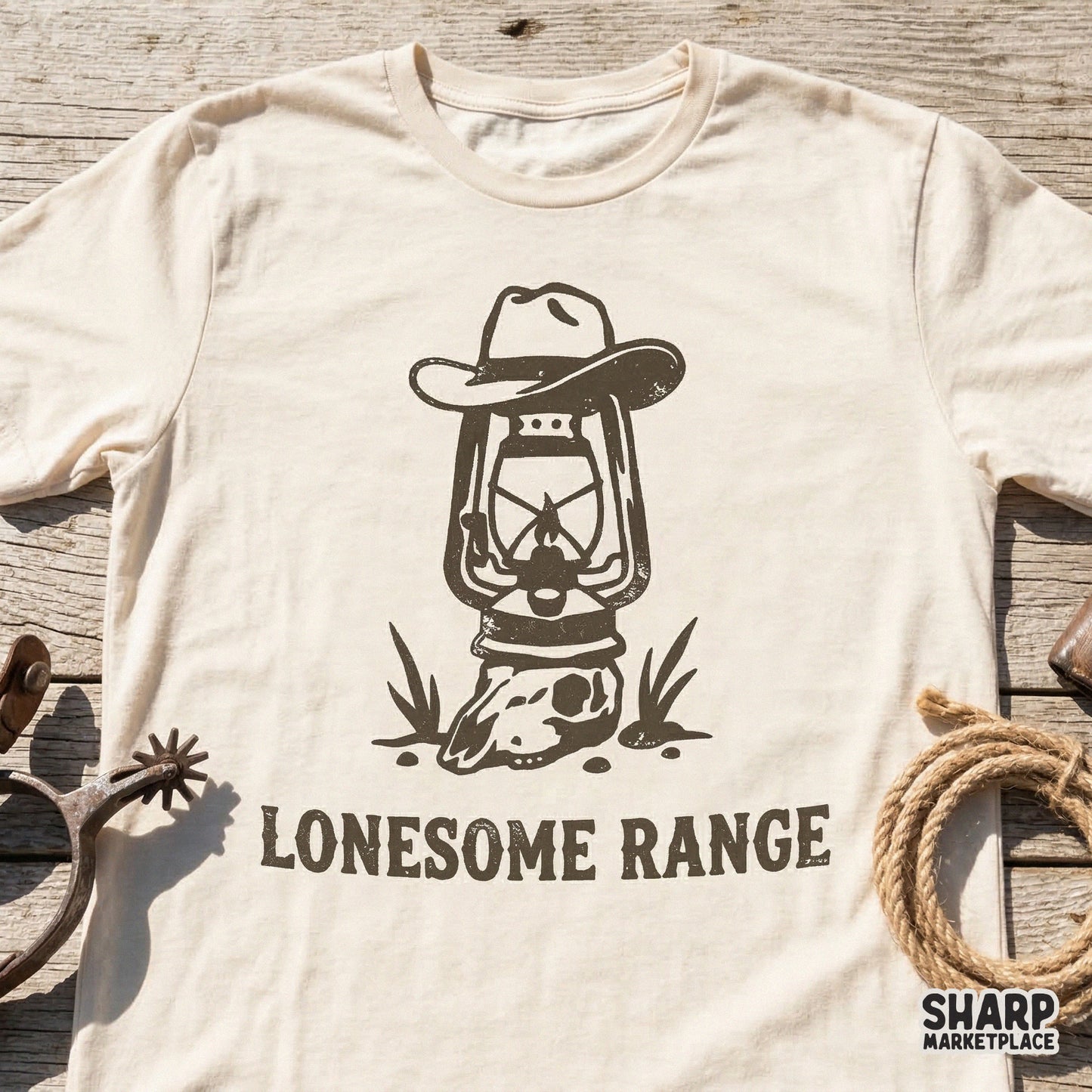 Vintage western graphic with a cowboy hat atop a lantern and skull, perfect for sublimation, t-shirt printing, and rustic desert-themed DIY projects.