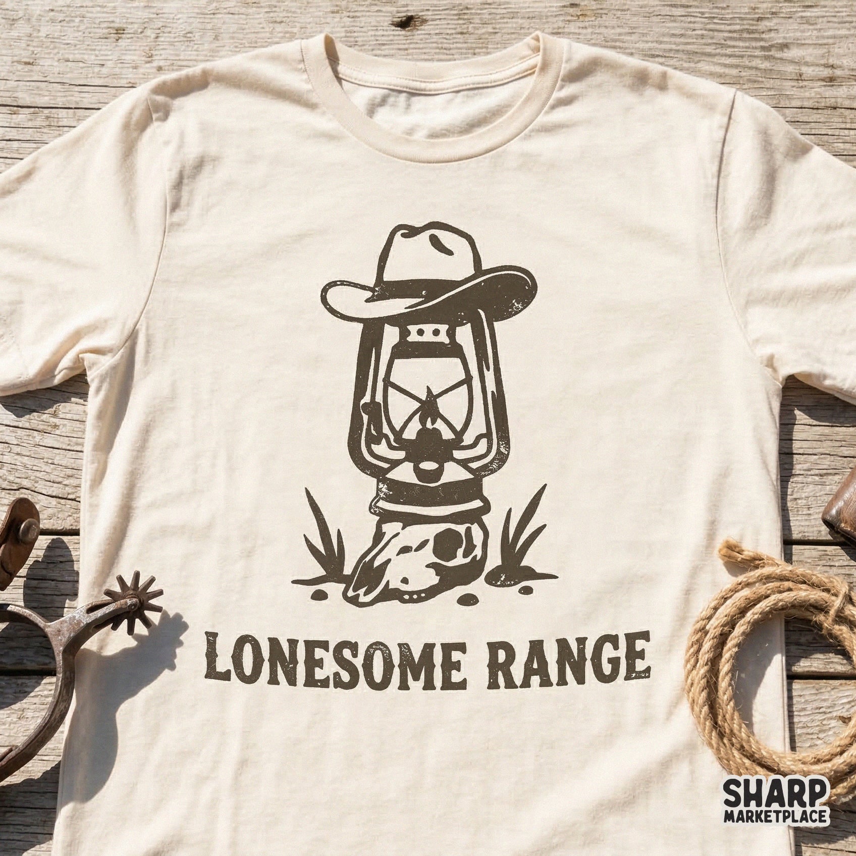 Vintage western graphic with a cowboy hat atop a lantern and skull, perfect for sublimation, t-shirt printing, and rustic desert-themed DIY projects.