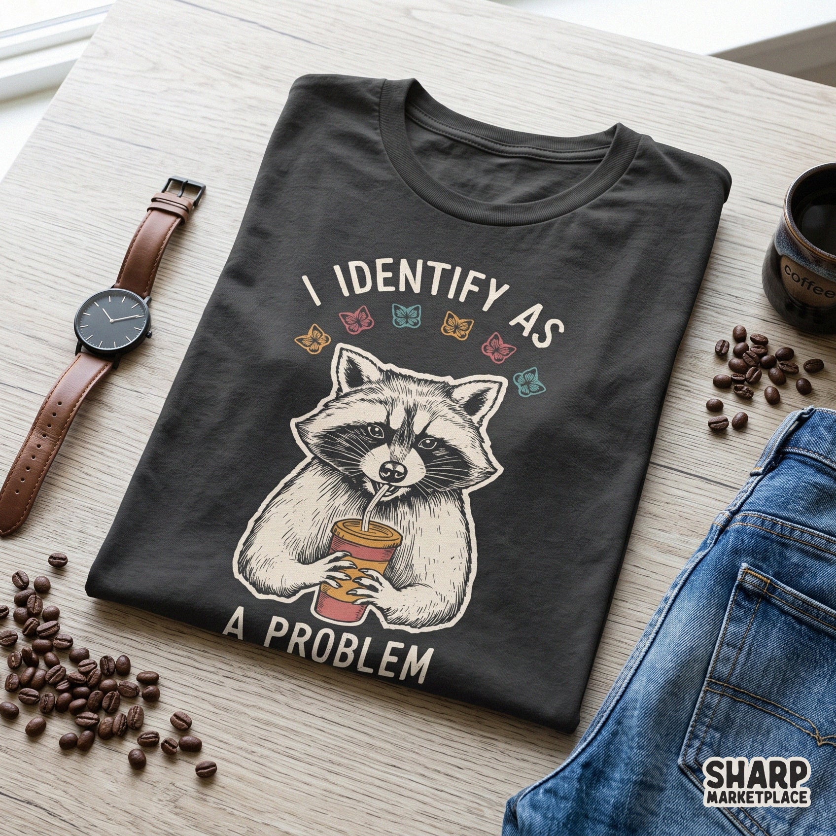 Sarcastic trash panda design with retro coffee butterfly accents for funny animal memes png shirts