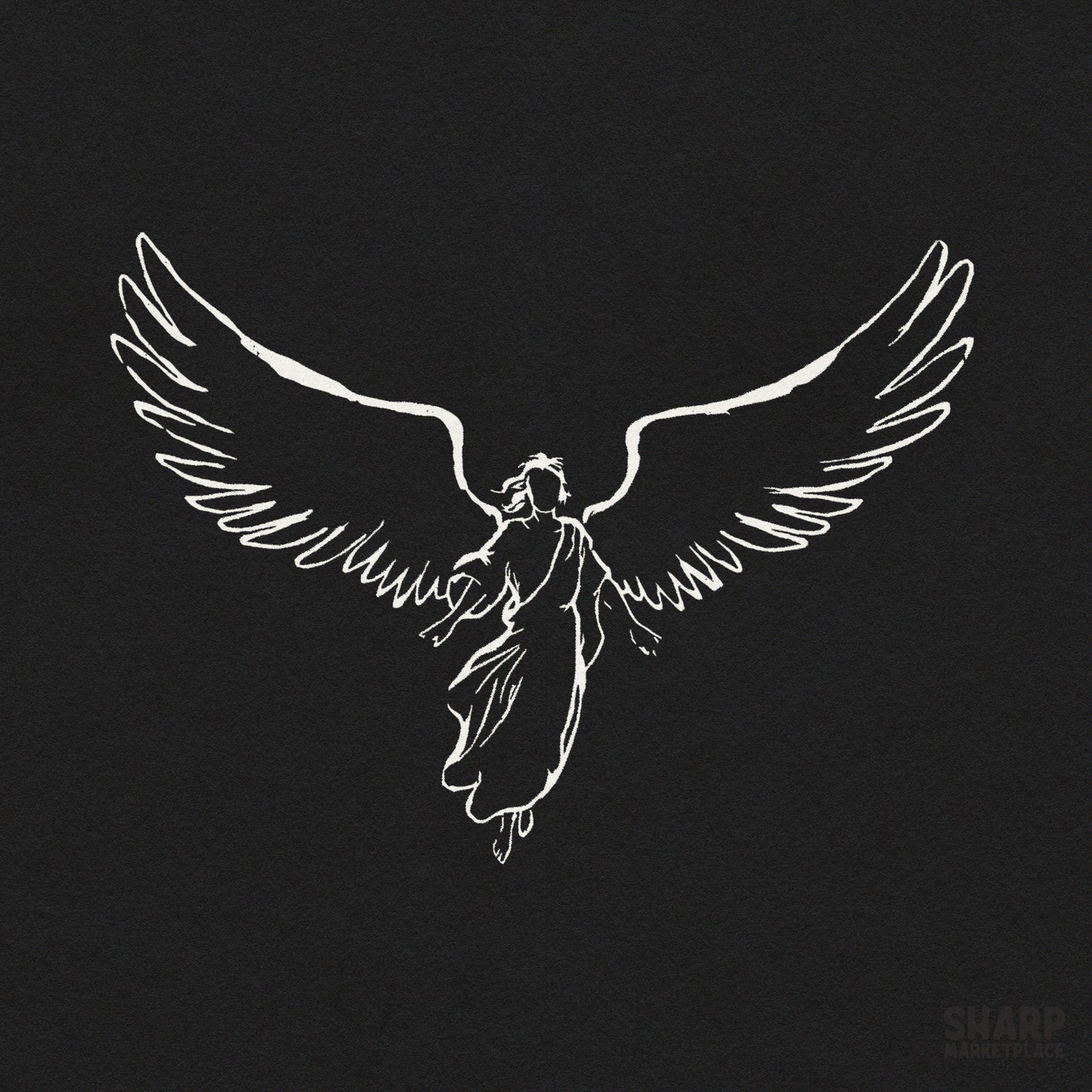 Hand drawn guardian angel silhouette art with minimalist wings for christian faith shirt designs
