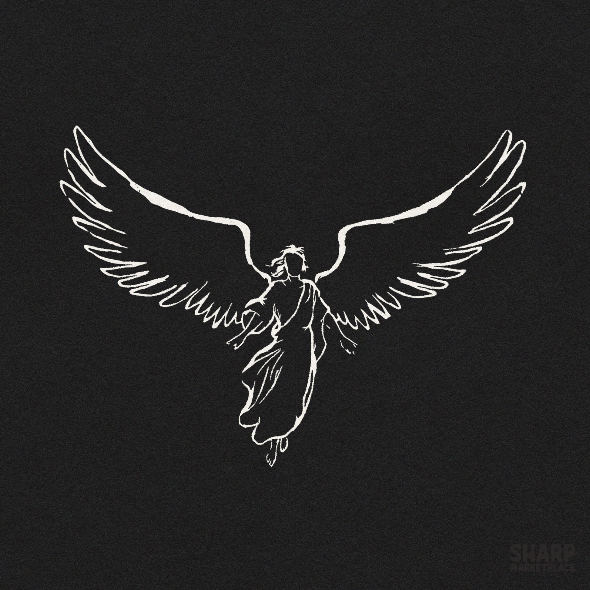 Hand drawn guardian angel silhouette art with minimalist wings for christian faith shirt designs