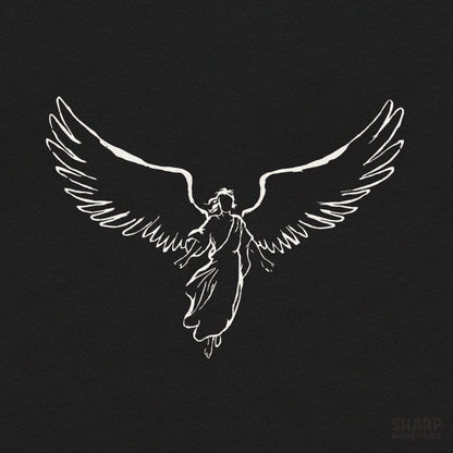 Hand drawn guardian angel silhouette art with minimalist wings for christian faith shirt designs