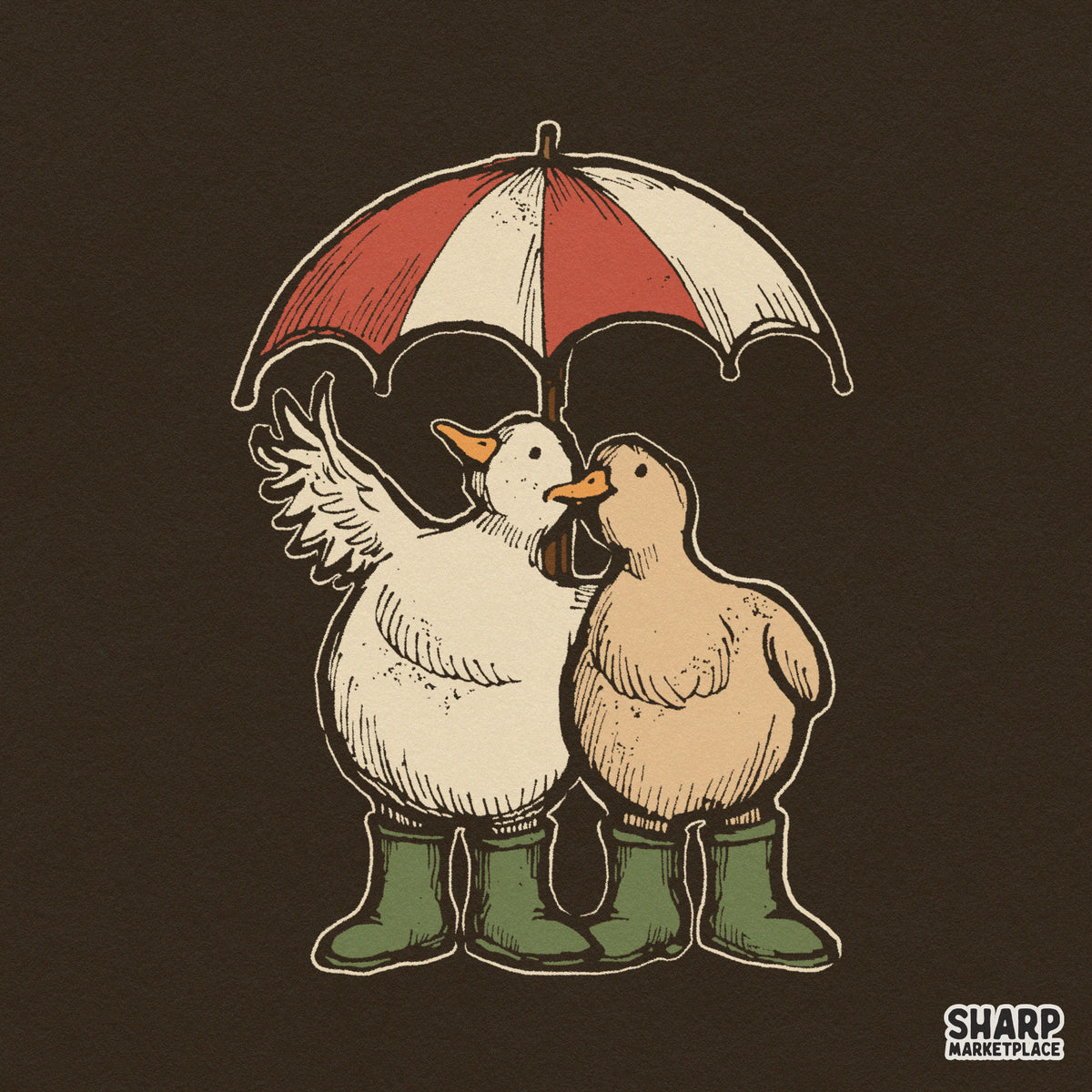 Two cute ducks in green rain boots sharing an umbrella funny retro spring rainy day sublimation design for t-shirts