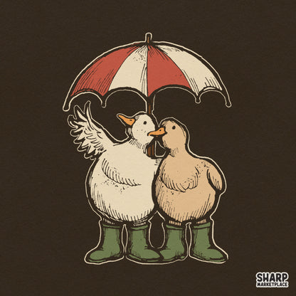 Two cute ducks in green rain boots sharing an umbrella funny retro spring rainy day sublimation design for t-shirts