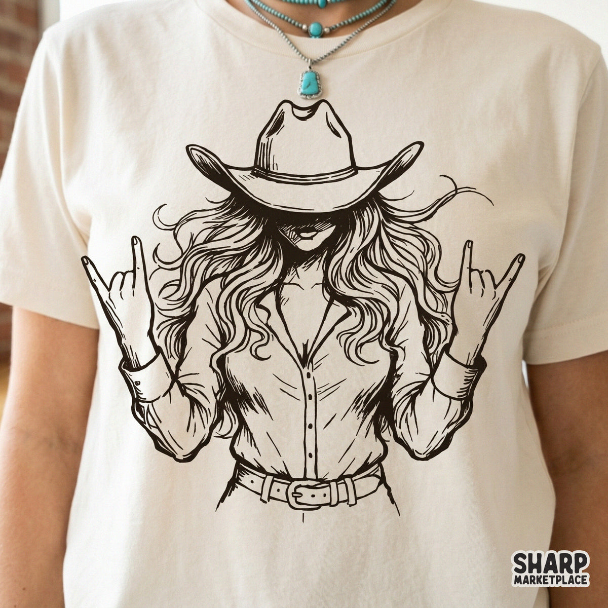 Edgy country-style line drawing of a woman in a cowboy hat throwing double rock on signs, suitable for DTF transfers and western-themed merchandise.