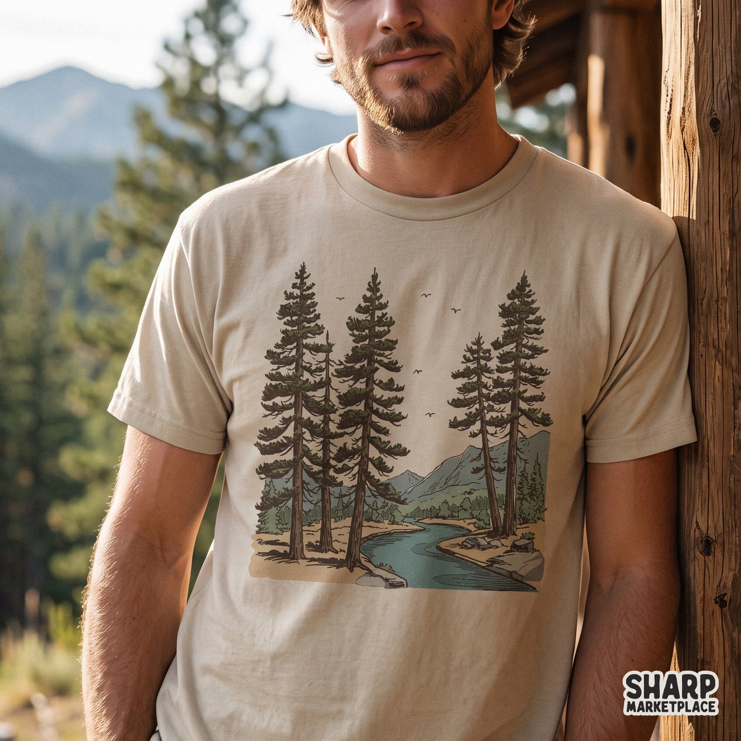 Vintage pine trees by the river mountain landscape sublimation design for retro nature apparel and shirts