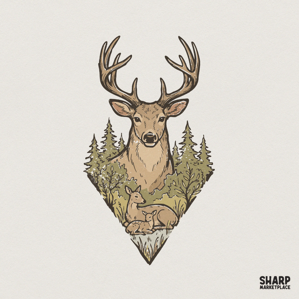 Rustic woodland deer family illustration featuring a buck, doe, and fawn in a pine forest, framed in a geometric diamond shape for nature-themed apparel.