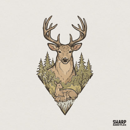 Rustic woodland deer family illustration featuring a buck, doe, and fawn in a pine forest, framed in a geometric diamond shape for nature-themed apparel.